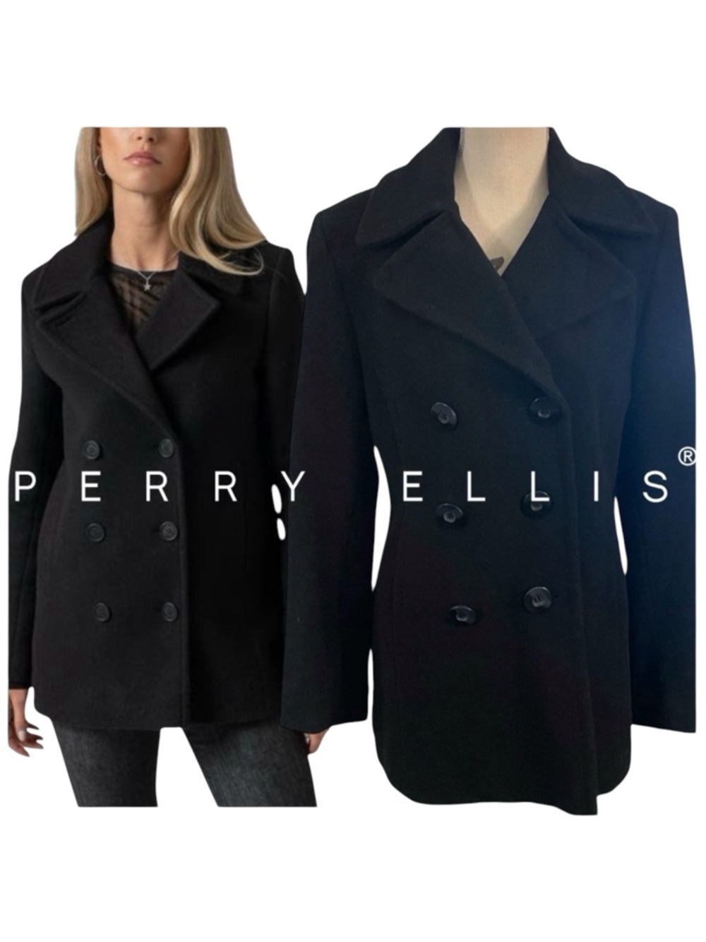 Perry Ellis Portfolio Black Wool Cashmere Blend Double Breasted Coat (8)